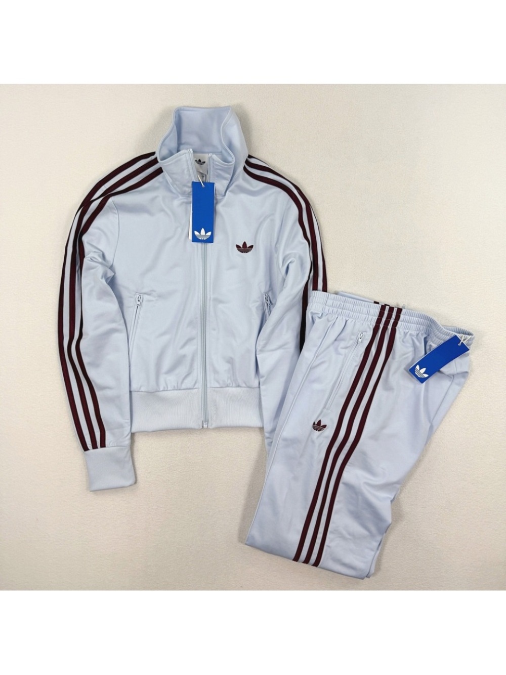 Adidas Light Blue Track Pants with Burgundy Stripes